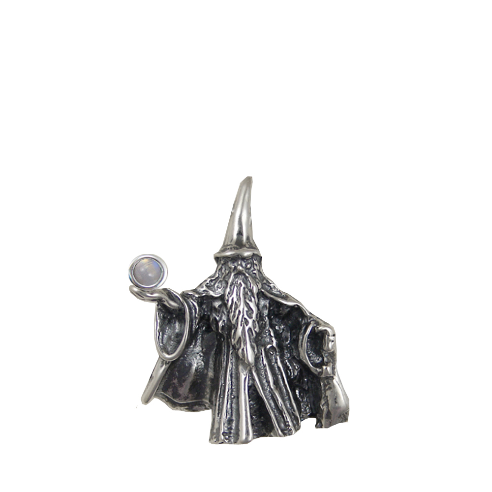 Sterling Silver Wizard of the North Pendant Holding Rainbow Moonstone Magic Orb